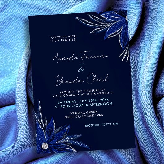 Invitation Mariage floral bleu argenté et marine