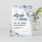 Invitation Mariage floral bleu blanc (Debout devant)