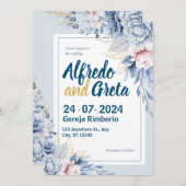 Invitation Mariage floral bleu blanc (Devant / Derrière)