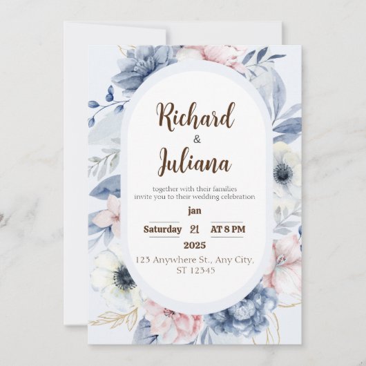Invitation Mariage floral bleu blanc (Devant)