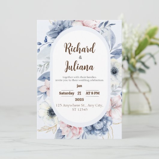 Invitation Mariage floral bleu blanc (Debout devant)