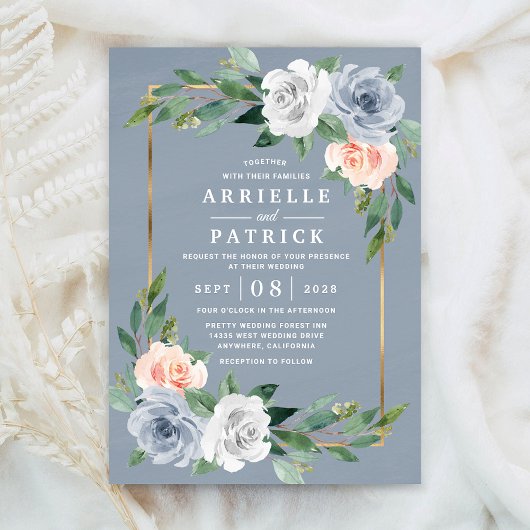 Invitation Mariage floral bleu-bleu-bleu-blanc rose-rose