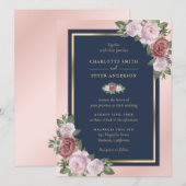 Invitation Mariage floral bleu bleu bleu bleu bleu rose marin (Devant / Derrière)