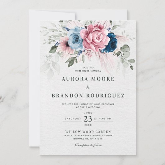 Invitation Mariage floral bleu bleu bleu pastel rose (Devant)