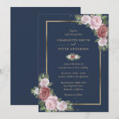 Invitation Mariage floral bleu bleu bleu rose marine (Devant / Derrière)