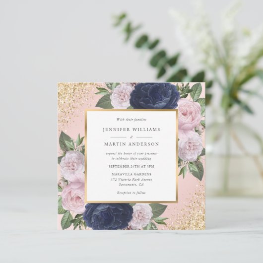Invitation Mariage floral bleu bleu bleu rose marine (Debout devant)