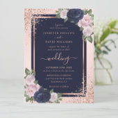 Invitation Mariage floral bleu bleu bleu rose rose marine (Debout devant)