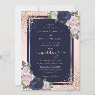 Invitation Mariage floral bleu bleu bleu rose rose marine