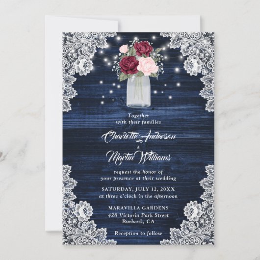 Invitation Mariage floral bleu bleu Bourgogne bleu marine (Devant)
