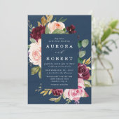 Invitation Mariage floral bleu bleu de Bourgogne doré rose (Debout devant)