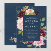 Invitation Mariage floral bleu bleu de Bourgogne doré rose (Devant / Derrière)