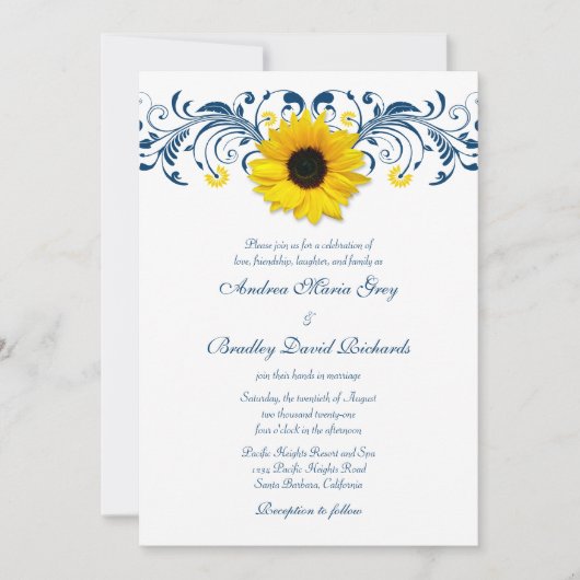 Invitation Mariage floral bleu bleu de la marine de tournesol (Devant)
