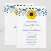 Invitation Mariage floral bleu bleu de la marine de tournesol (Devant / Derrière)