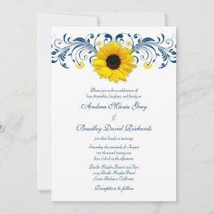 Invitation Mariage floral bleu bleu de la marine de tournesol