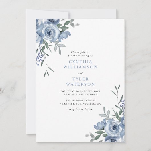 Invitation mariage floral bleu bohème (Devant)