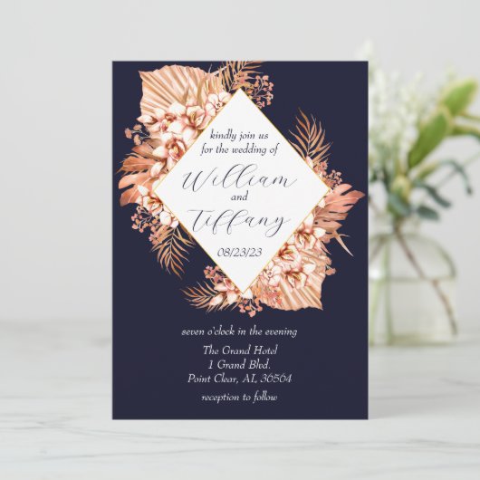 Invitation Mariage Floral bleu Boho (Debout devant)