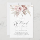 Invitation Mariage floral bleu Boho rose Rose (Devant)