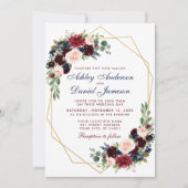 Invitation Mariage floral bleu bordeaux géométrique (Devant)