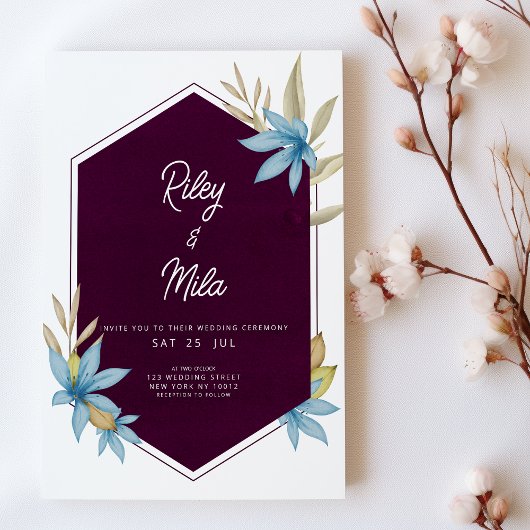 Invitation Mariage floral bleu bordeaux géométrique