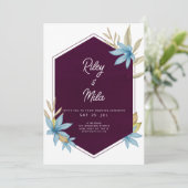 Invitation Mariage floral bleu bordeaux géométrique (Debout devant)