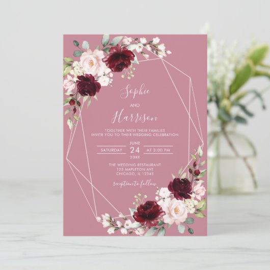 Invitation Mariage floral bleu bordeaux Rose géométrique (Debout devant)