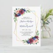 Invitation Mariage floral bleu Bourgogne bleu de la marine gé (Debout devant)