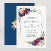 Invitation Mariage floral bleu Bourgogne bleu de la marine gé (Devant / Derrière)