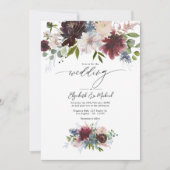 Invitation Mariage floral bleu Bourgogne, Bleu et Dusty (Devant)