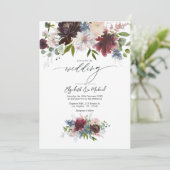 Invitation Mariage floral bleu Bourgogne, Bleu et Dusty (Debout devant)