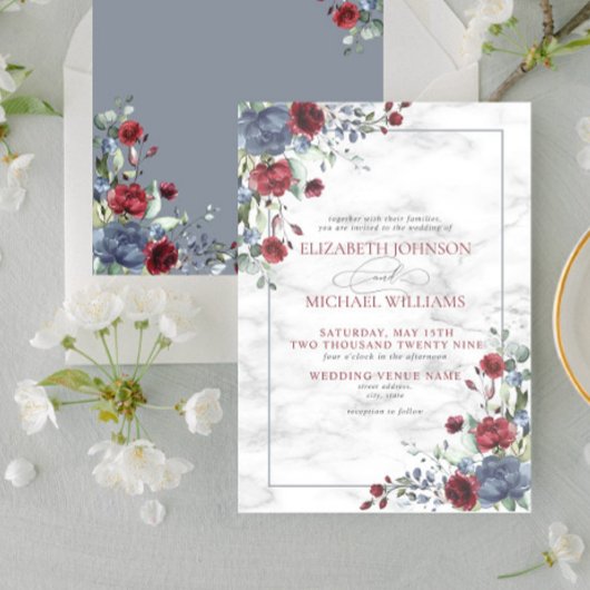 Invitation Mariage Floral Bleu Bourgogne Formel