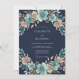 Invitation Mariage Floral Bleu Canard Automnal