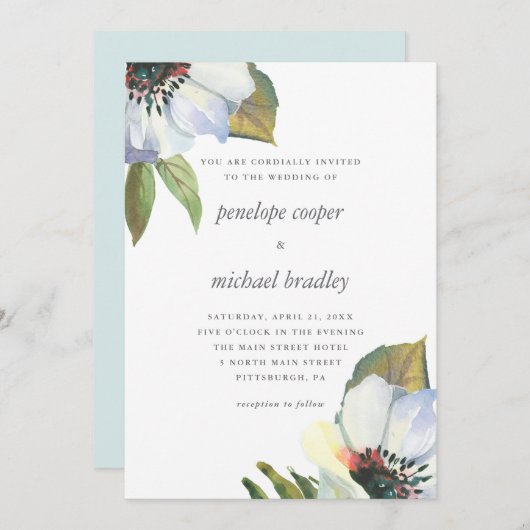 Invitation Mariage floral bleu chic (Devant / Derrière)