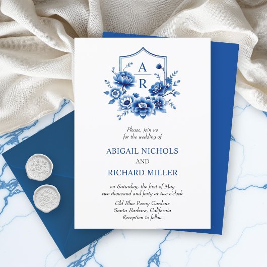 Invitation Mariage floral bleu Chinoiserie poony