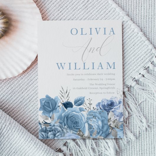 Invitation Mariage floral bleu ciel bleu Dusty