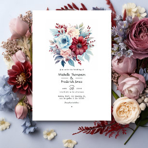Invitation Mariage floral bleu clair, bleu poussiéreux et bur