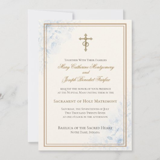 Invitation Mariage Floral Bleu Clair Catholique  (Devant)