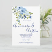 Invitation Mariage floral bleu clair et marine | (Debout devant)