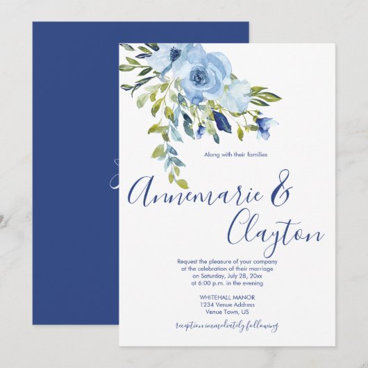 Invitation Mariage floral bleu clair et marine | (Devant / Derrière)