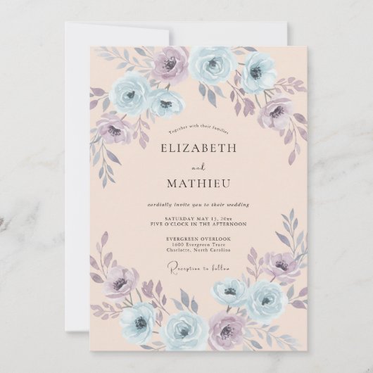 Invitation Mariage Floral Bleu Clair Éthéré Rose (Devant)