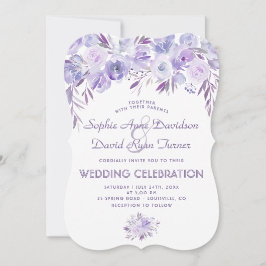 Invitation Mariage Floral bleu clair pourpre (Devant)