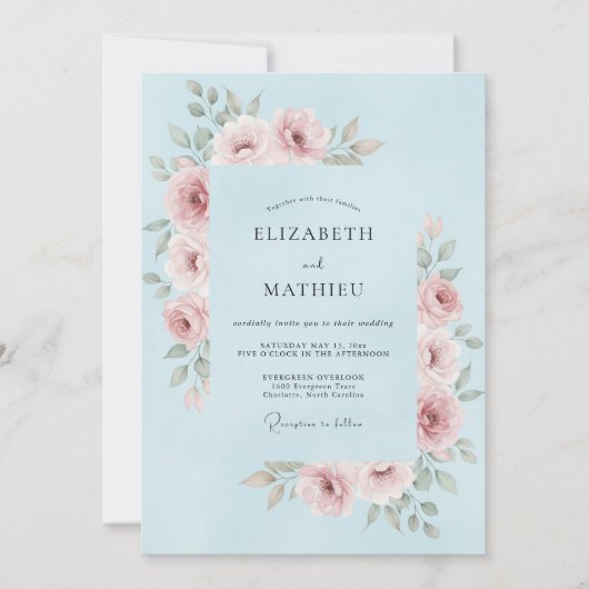 Invitation Mariage Floral Bleu Clair Rose (Devant)