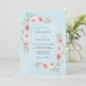 Invitation Mariage Floral Bleu Clair Rose (Debout devant)