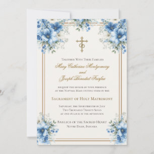 Invitation Mariage Floral Bleu Classique Catholique