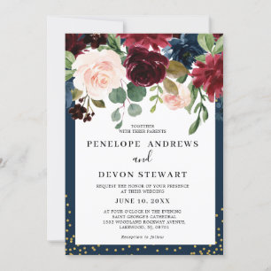 Invitation Mariage floral bleu de Bourgogne rose de la marine
