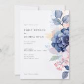 Invitation Mariage floral bleu de la marine (Devant)