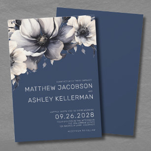 Invitation Mariage floral bleu de la marine botanique