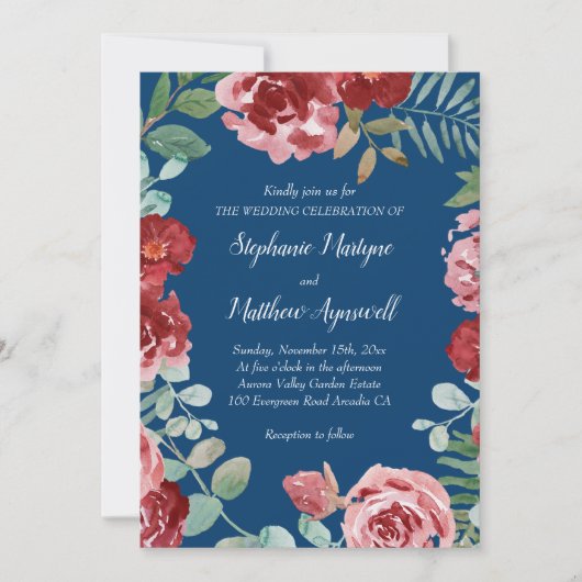 Invitation Mariage floral bleu de la marine de Bourgogne (Devant)
