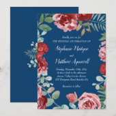Invitation Mariage floral bleu de la marine de Bourgogne (Devant / Derrière)