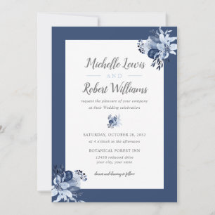 Invitation Mariage floral bleu de la marine gris