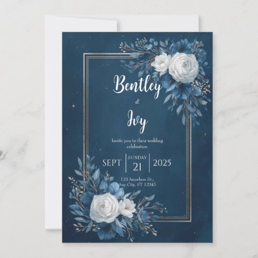 Invitation Mariage floral bleu de minuit (Devant)
